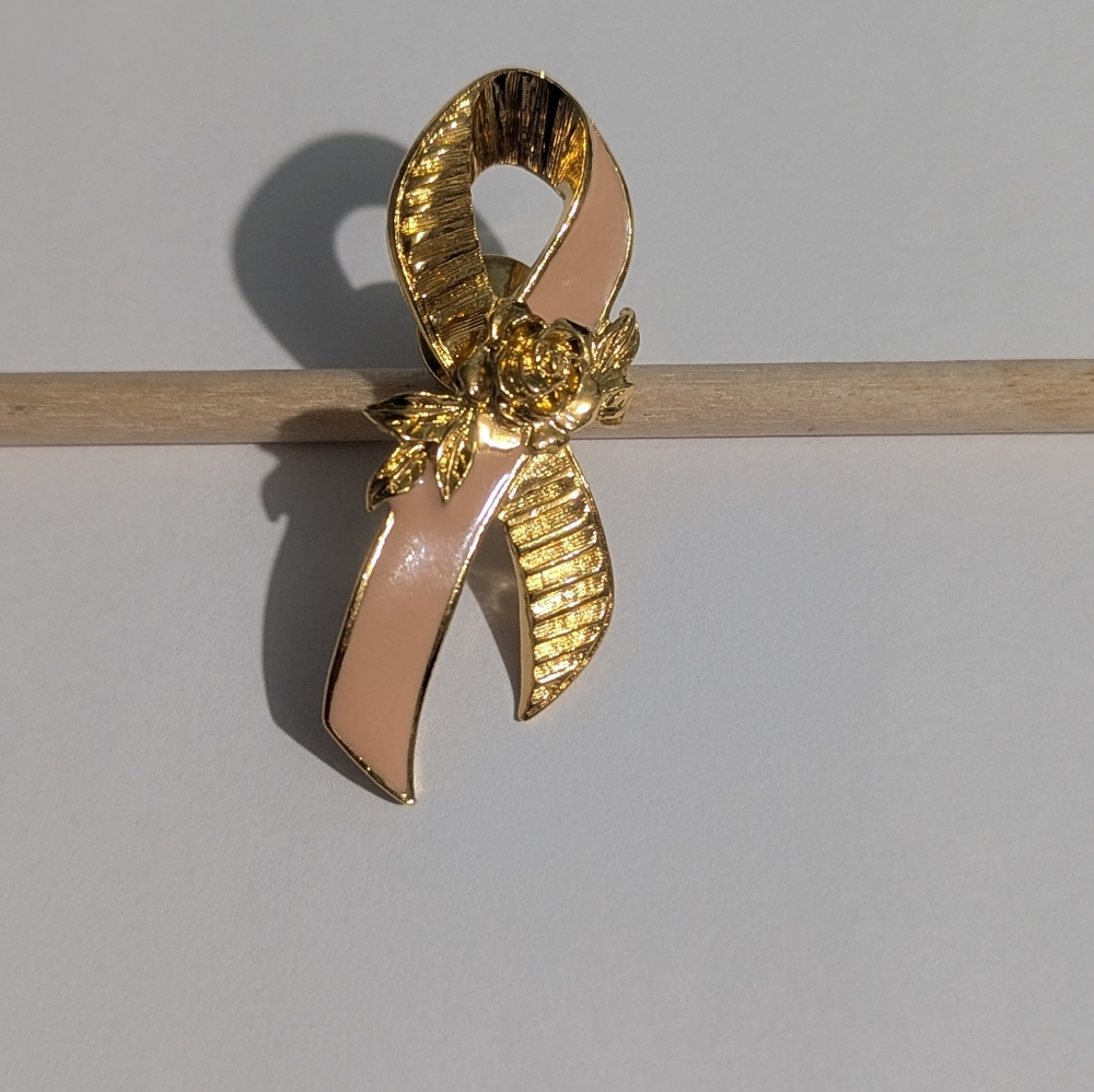 Elegant Gold and Pink Ribbon Brooch